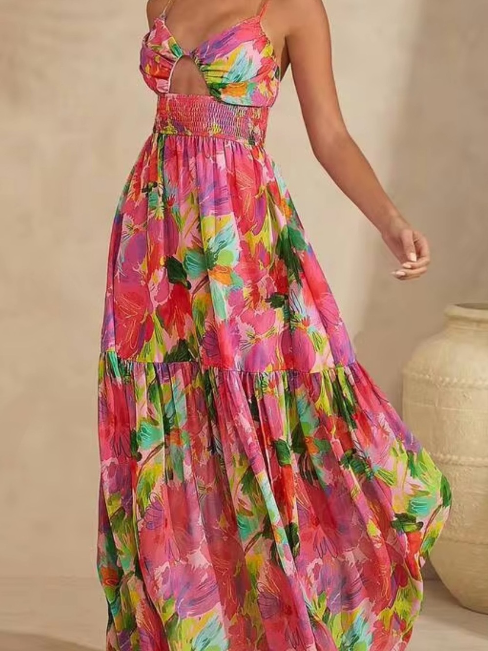 SHEIN Pink Floral Cutout Smocked Maxi Dress